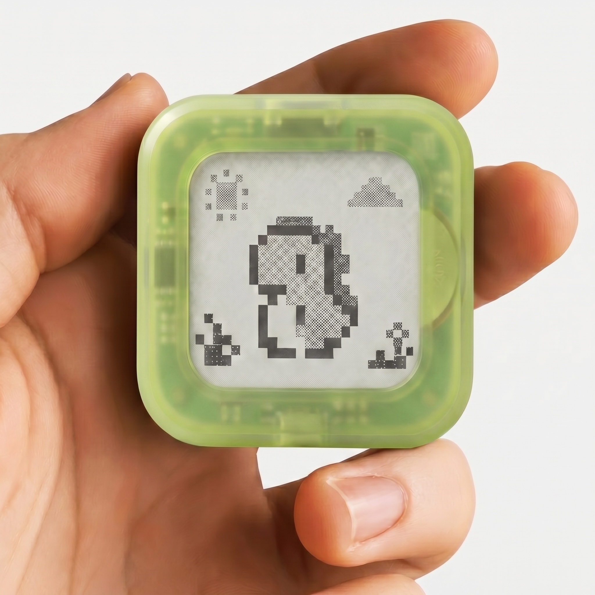 Palm-sized Dino held between two fingers