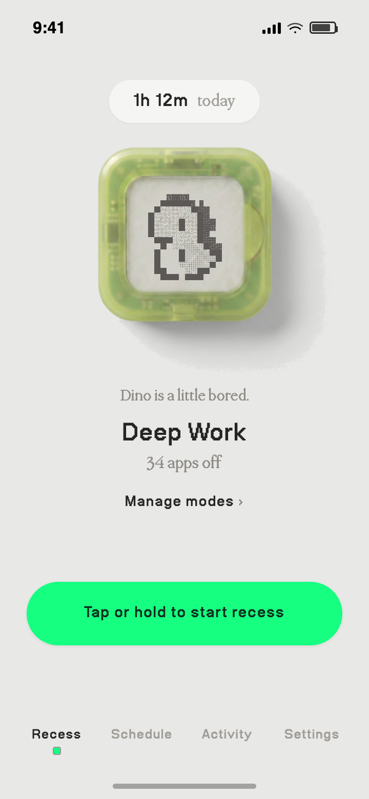 Recess Deep Work mode showing 34 distracting apps off