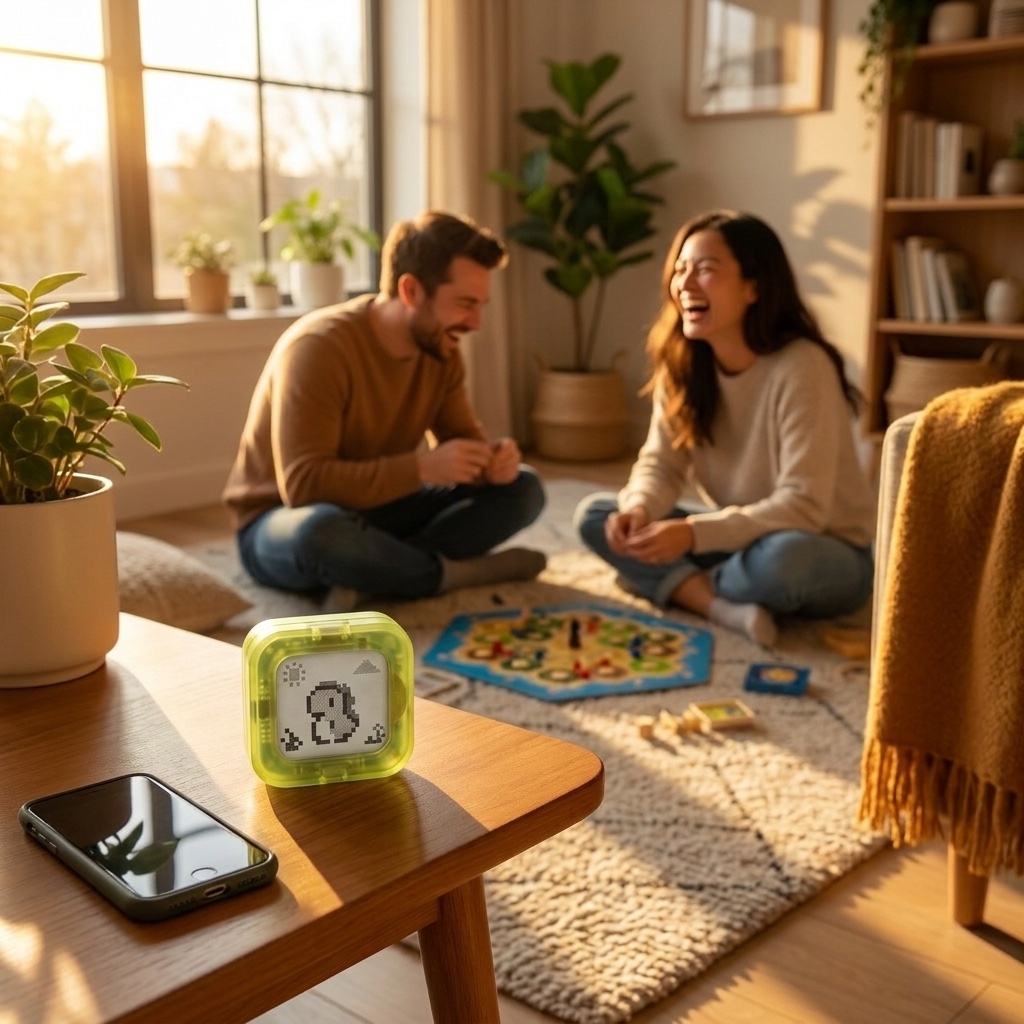 Two people enjoying a board game while their phones stay down