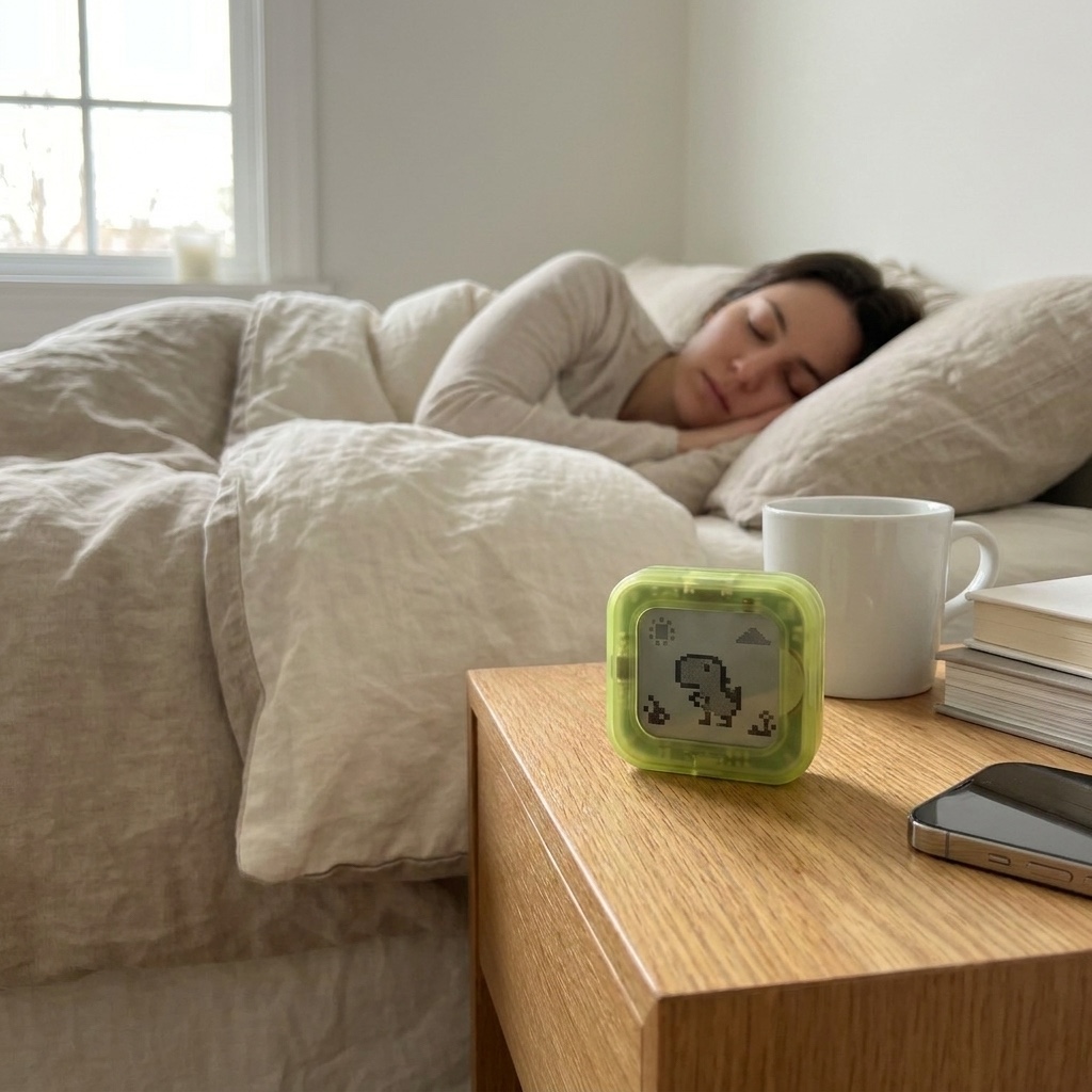Dino on a nightstand beside someone sleeping peacefully