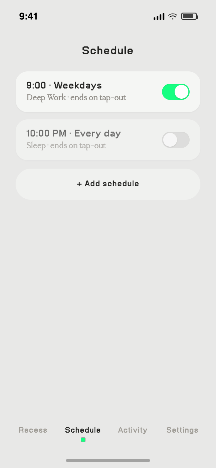 Recess schedule screen with recurring Deep Work and Sleep modes