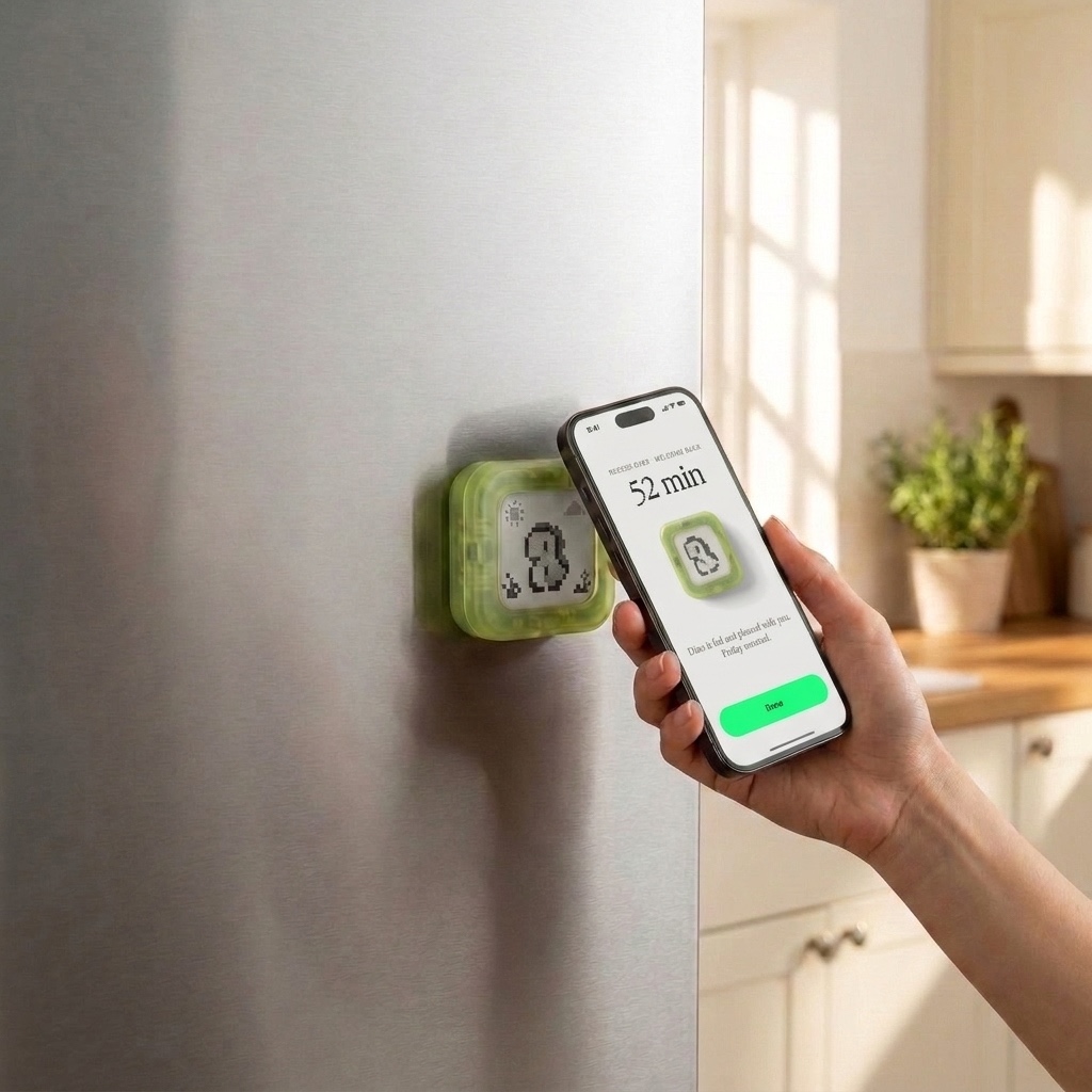 A phone tapping Dino on a refrigerator